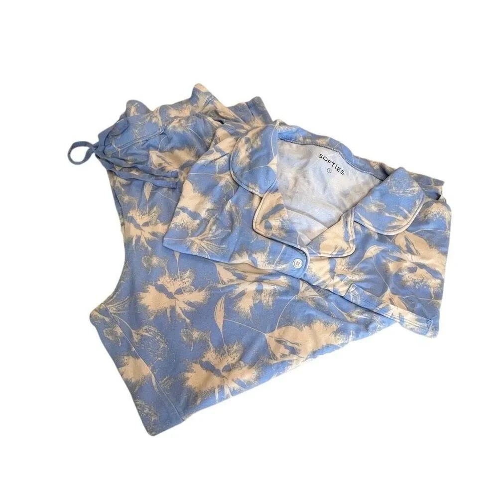 Softies Women's Floral Caftan Top Cropped Pant Pajama Set Sky Blue Size Large